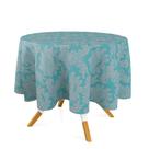 Toalha de Mesa Redonda em Tecido Jacquard Azul Bebê e Bege Medalhão Tradicional