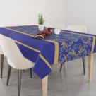 Toalha De Mesa Retangular 6 Lugares Tecido Oxford Arabesco Azul Linhas Douradas TLS12 - 220x140cm
