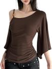 Top Chvity feminino de um ombro, mangas 3/4, manga em forma de sino, marrom