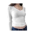 Top Cropped Branco Y2K Com Renda Floral, Ajuste Slim, Casual, Vintage, Manga Longa Para Mulheres Top Cropped Branco Y2K Com Renda Floral, Ajuste Slim, Casual, Vintage, Manga Longa Para Mulheres