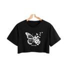 Top Cropped Com Estampa De Borboleta, Manga Curta, Gola Redonda, Mistura Macia, Micro Elasticidade, Top Cropped Com Estampa De Borboleta, Manga Curta, Gola Redonda, Mistura Macia, Micro Elasticidade,