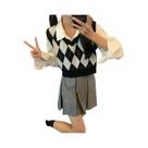 Top Cropped De Tricô Sem Mangas Em Estampa Xadrez Vintage Para Mulheres, Moda De Outono
