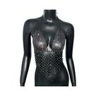 Top Cropped Feminino Com Decote Halter, Costas Nuas, Strass, Malha Transparente E Vazada Para Festas