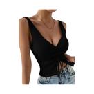 Top Cropped Feminino De Verão Com Decote V E Cordão, Sem Mangas, Em Tricô Canelado, Com Fenda E Alta