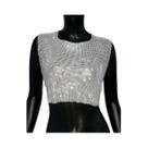 Top Cropped Feminino Sexy Sem Costas Com Strass E Lantejoulas, Gola Redonda, Estilo Metalizado, Para