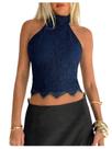 Top cropped halter feminino Floerns azul-escuro com renda floral, tamanho S