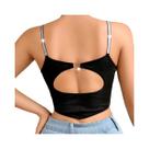 Top Cropped Preto Com Alça De Strass, Costas Abertas, Fivela Em Formato De Coração E Recortes,
