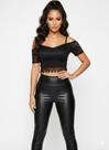 Top Cropped Preto de Renda Ombro a Ombro Blusa Curta com Transparência e Barra Trabalhada