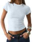 Top curto AKLOPVII feminino vintage listrado, estampado, azul, branco