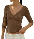 Top curto BAIGRAM feminino, manga 3/4, decote em V, franzido, vintage, marrom Top curto BAIGRAM feminino, manga 3/4, decote em V, franzido, vintage, marrom