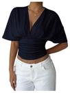 Top curto MakeMechic Y2k com decote em V profundo e manga Dolman azul