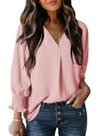 Top Dokotoo feminino com decote em V, manga 3/4, 100% poliéster, rosa