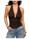 Top feminino BEAUDRM, frente única, bolinhas, renda, sem encosto, marrom
