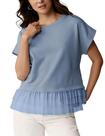 Top feminino SKIKYAN, manga curta, gola redonda, acabamento em babados, azul