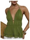 Top Floerns Summer sem mangas Halter Ring Link Ruffle Green