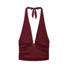 Top Halter Borgonha Feminino Com Babados E Amarrações Nas Costas, Decote V Profundo, Cropped, Top Halter Borgonha Feminino Com Babados E Amarrações Nas Costas, Decote V Profundo, Cropped,