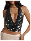 Top halter feminino preto com lantejoulas brilhantes MakeMeChic