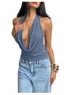 Top halter sem costas feminino azul-pó da MakeMeChic tamanho G Top halter sem costas feminino azul-pó da MakeMeChic tamanho G