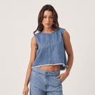 Top Jeans Cropped Barra Desfiado Botões Atrás Azul Claro