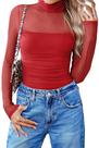 Top KevaMolly Mesh de manga comprida em vermelho transparente para mulheres