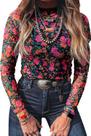 Top KevaMolly Mesh de manga comprida transparente de renda floral rosa GG