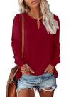 Top Kistore feminino de outono, manga comprida, decote em V, vermelho bordô