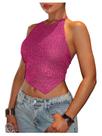 Top MakeMechic de lantejoulas, gravata única, aberta nas costas, glitter, rosa choque