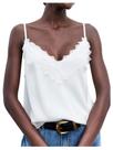 Top MakeMechic, renda acetinada, decote em V profundo, alça espaguete branca