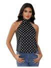 Top MakeMechic, seda acetinada, sem encosto, frente única, bolinhas pretas