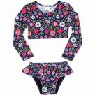 Top Manga Longa com Calcinha Floral Marinho