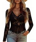 Top Melliflo, decote em V, manga comprida, malha de renda, franja, preta, feminina