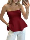 Top Saodimallsu feminino Peplum Tube sem alças em malha cor de vinho Top Saodimallsu feminino Peplum Tube sem alças em malha cor de vinho