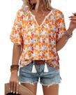 Top Vivilli, laranja, algodão, linho, floral boêmio para mulheres