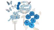 Topo de Bolo 15 anos Azul com Prata Flor pétalas
