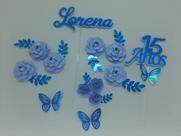 Topo De Bolo 15 Anos Flores Pétalas Azul Personalizado