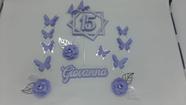 Topo de Bolo 15 anos Lilás e Prata 3 Flores e 10 Borboletas personalizado