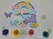 Topo De Bolo Arco- Íris Borboletas E Flores Personalizado