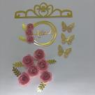 Topo de Bolo Coroa Flores e Borboletas personalizado