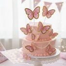 Topo de Bolo de Borboletas Rosa Dourada Festa Aniversário Mesversário