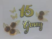 Topo de Bolo Dourado 15 anos Flores personalizado