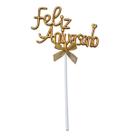 Topo de Bolo Feliz Aniversário Metalizado Laço - 1 Unidade Cor:Dourado
