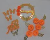 Topo de Bolo Flores Laranja Neon com Dourado Personalizado