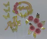 Topo de Bolo idades personalizado flores e borboletas