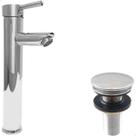 Torneira Bica Alta Cromada Pia Banheiro E Valvula Click ⅞ Inox Kit Banheiro Torneira Redonda Monocomando Misturador e Ralo Pia Escoamento 30mm