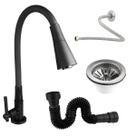 Torneira Cozinha Preta + Valvula Americana Inox + Sifão 70cm + Engate 60cm