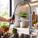 Torneira de Cozinha Gourmet Aço Inox 304 Monocomando com Ducha Flexível Extensível e Jato Potente