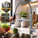 Torneira de Cozinha Gourmet Aço Inox 304 Monocomando com Ducha Flexível Extensível e Jato Potente