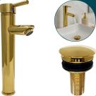 Torneira Dourada Bica Alta Para Pia Banheiro E Valvula Click 7/8 Inox Kit Lavabo Gold Luxo Torneira