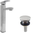 Torneira Pia Banheiro Bica Alta Inox Cromado E Valvula Click ⅞ Kit Banheiro Luxo Ralo Pia Escoamento Cuba E Torneira Misturador Monocomando