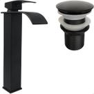 Torneira Preta Pia Banheiro Bica Alta Cascata E Válvula Click 1¼ Inox Torneira Quadrada Monocomando Misturador Ralo De Escoamento Kit Lavabo Preto